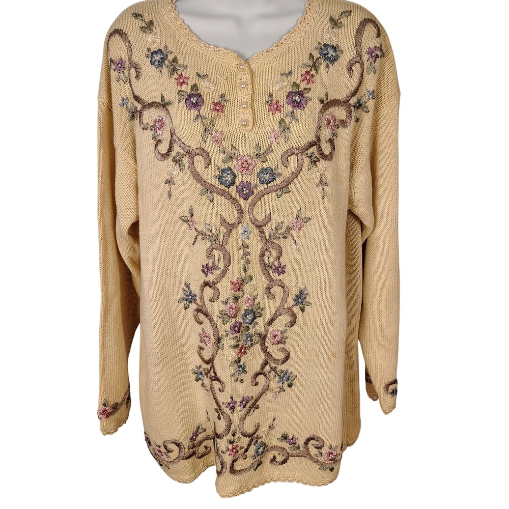 Vintage Jenny Floral Embroidered Pearl Knit Sweater Cream Yellow Womens Medium‎